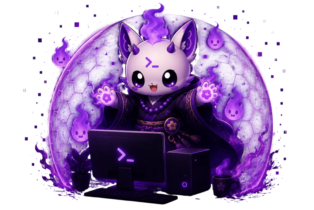 Joséphine behind a desktop computer, arms open, surrounded by violet flames