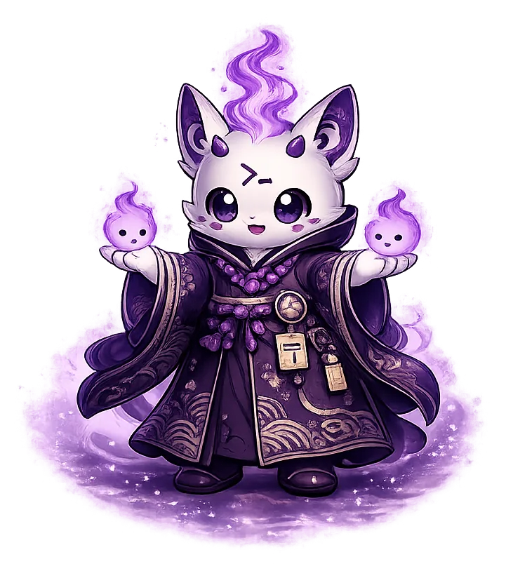 Joséphine, a small fox guardian in a dark kimono, a violet flame in each palm