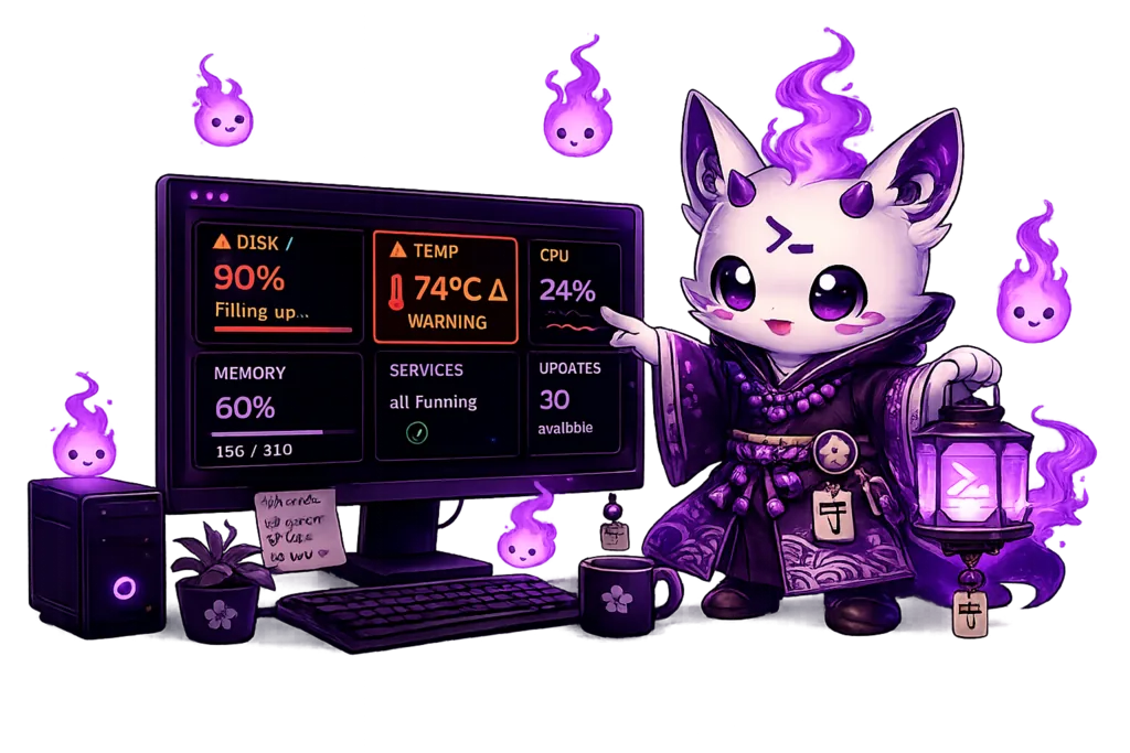 Joséphine, a small fox guardian, reads a dashboard on a computer screen, lantern in hand